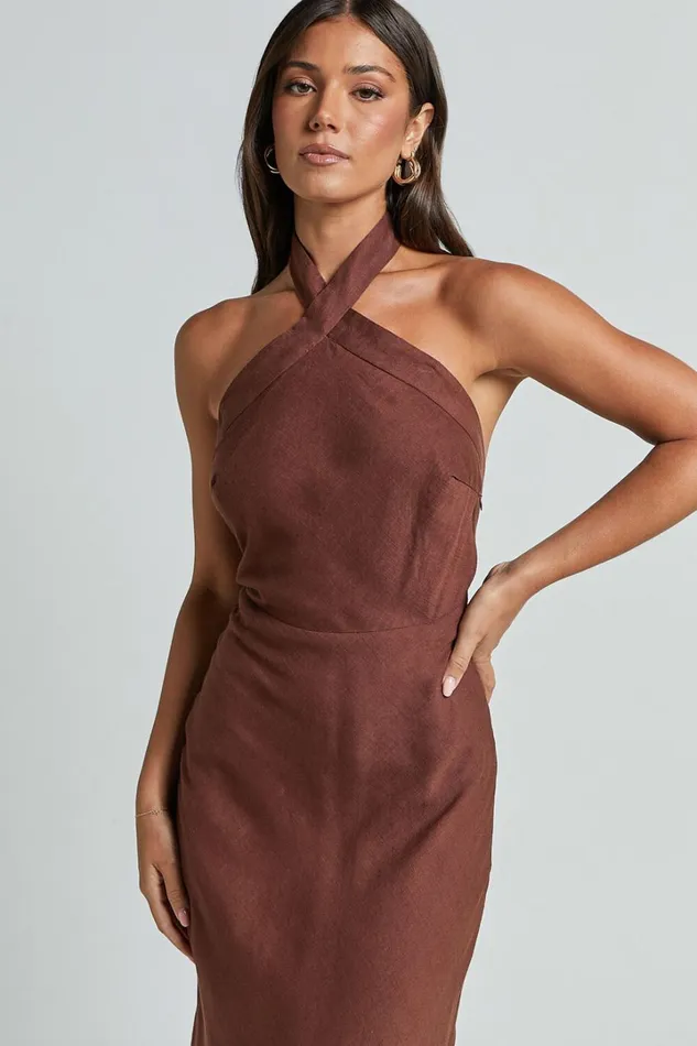 Maelynn Midi Dress 8211 Linen Look Twist Halter Neck Low Back Slip Dress In Chocolate Women Showpo Dresses