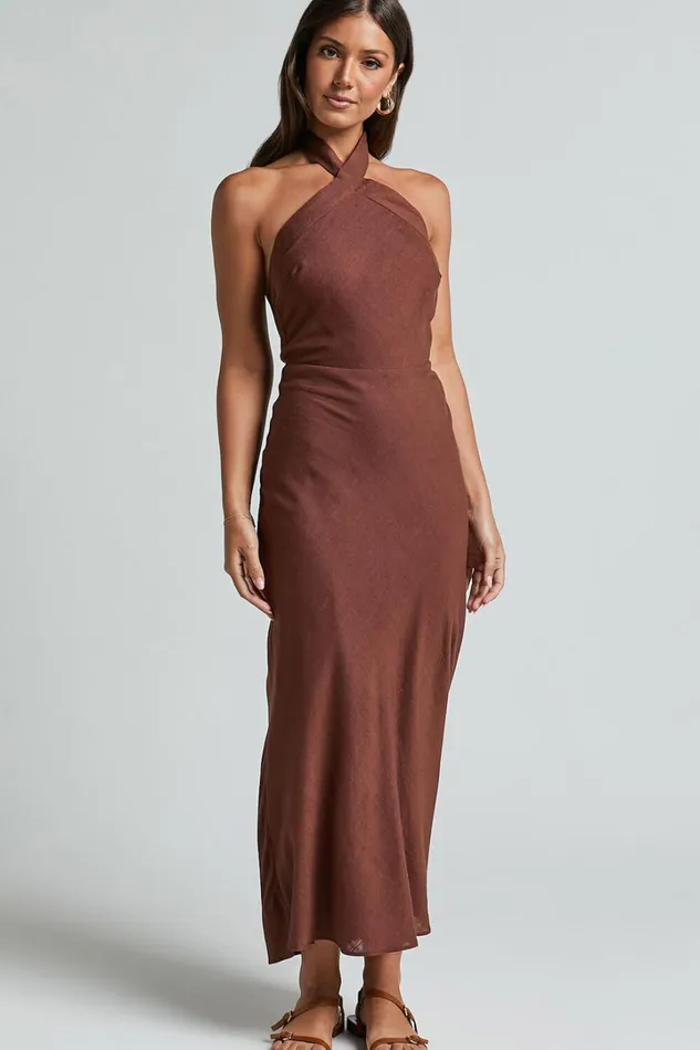 Maelynn Midi Dress 8211 Linen Look Twist Halter Neck Low Back Slip Dress In Chocolate Women Showpo Dresses