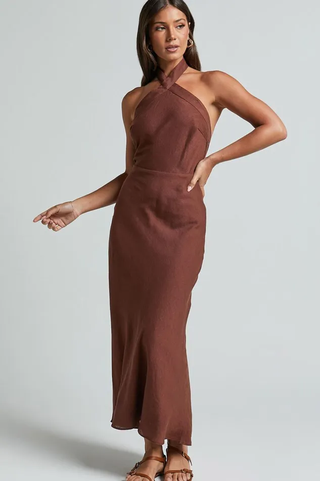Maelynn Midi Dress 8211 Linen Look Twist Halter Neck Low Back Slip Dress In Chocolate Women Showpo Dresses