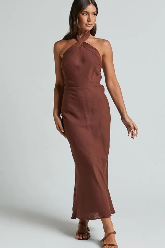 Maelynn Midi Dress 8211 Linen Look Twist Halter Neck Low Back Slip Dress In Chocolate Women Showpo Dresses