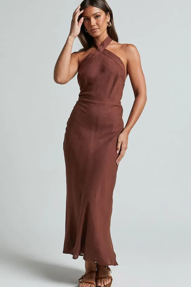 Maelynn Midi Dress 8211 Linen Look Twist Halter Neck Low Back Slip Dress In Chocolate Women Showpo Dresses