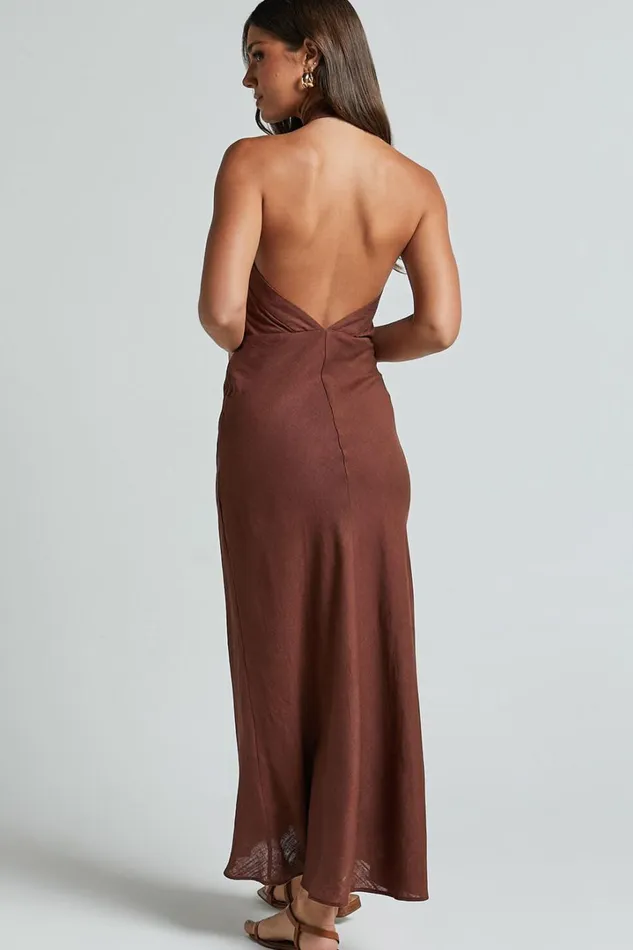 Maelynn Midi Dress 8211 Linen Look Twist Halter Neck Low Back Slip Dress In Chocolate Women Showpo Dresses