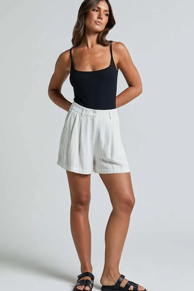 Manon Shorts 8211 Linen Look Tailored Pinstripe Shorts In White Women Showpo Shorts