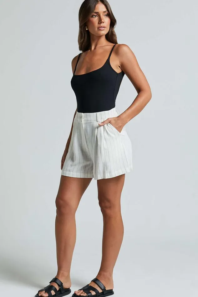 Manon Shorts 8211 Linen Look Tailored Pinstripe Shorts In White Women Showpo Shorts