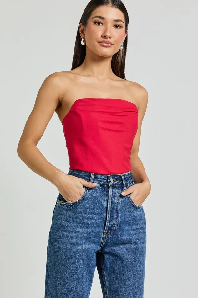 Marcelle Top 8211 Strapless Cowl Corset Satin Top In Red Women Showpo Tops
