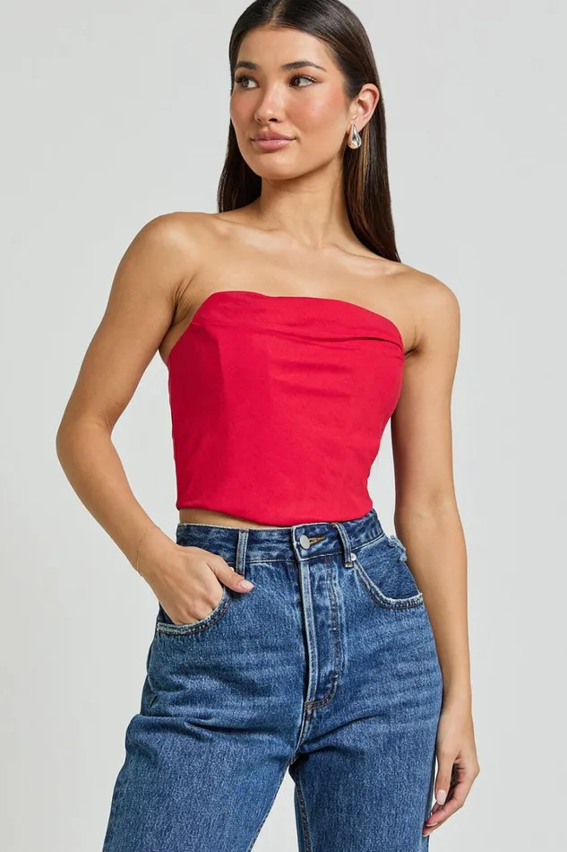 Marcelle Top 8211 Strapless Cowl Corset Satin Top In Red Women Showpo Tops