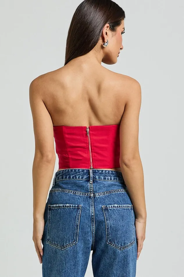 Marcelle Top 8211 Strapless Cowl Corset Satin Top In Red Women Showpo Tops