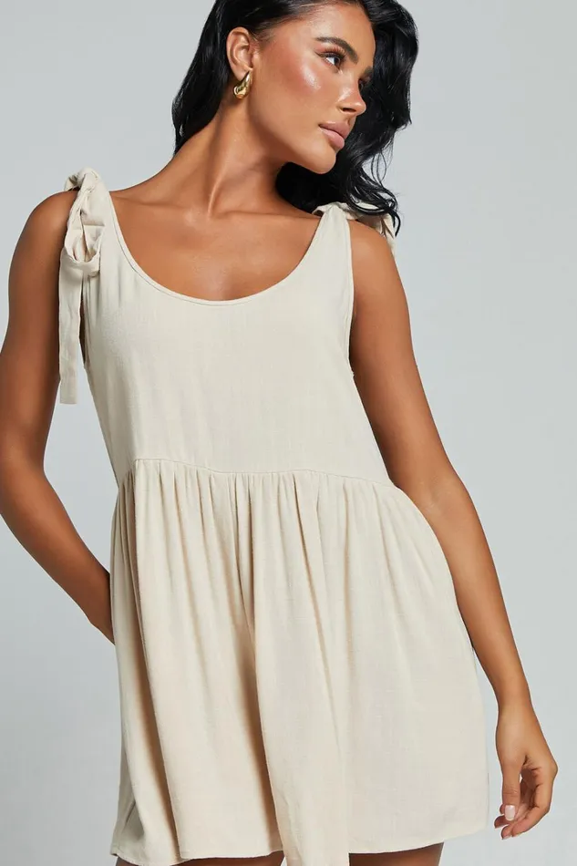 Marcie Playsuit 8211 Linen Look Scoop Neck Tie Detail Relaxed Playsuit In Biscuit Women Showpo Rompers Marcie Playsuit 8211 Linen Look Scoop Neck Tie Detail Relaxed Playsuit In Biscuit Women Showpo Rompers