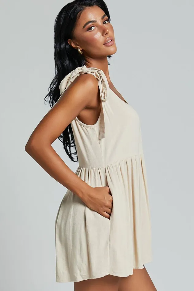Marcie Playsuit 8211 Linen Look Scoop Neck Tie Detail Relaxed Playsuit In Biscuit Women Showpo Rompers