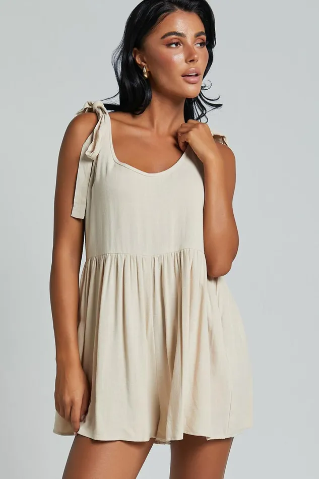 Marcie Playsuit 8211 Linen Look Scoop Neck Tie Detail Relaxed Playsuit In Biscuit Women Showpo Rompers