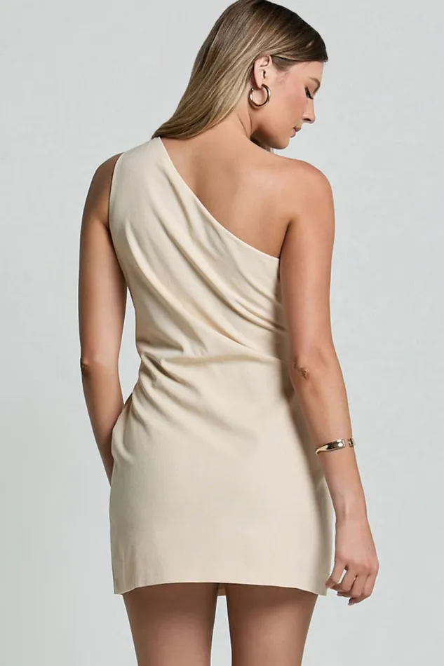 Mardelle Mini Dress 8211 Linen Look One Shoulder Shift Dress In Neutral Women Showpo Conscious