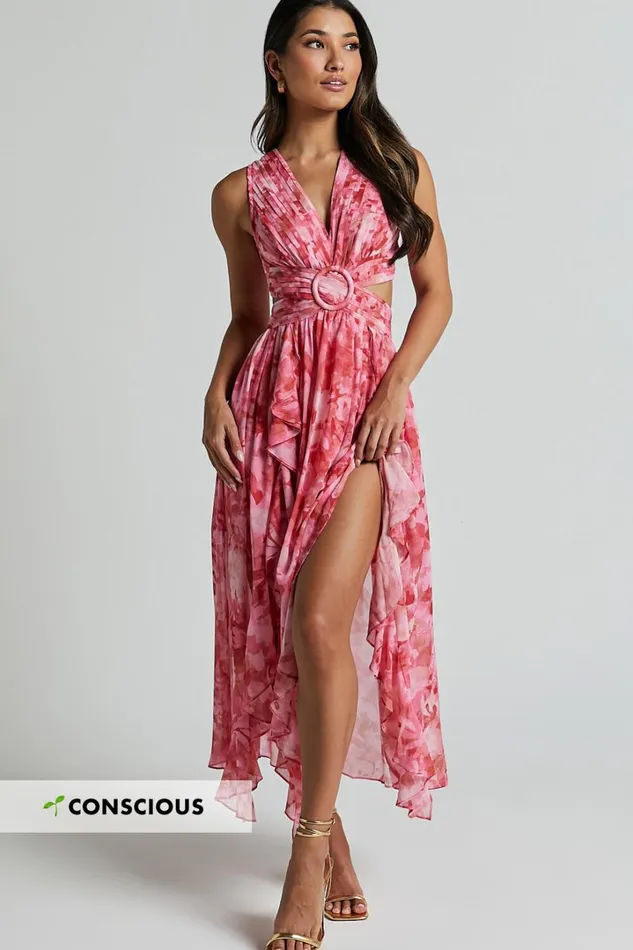 Marga Maxi Dress 8211 Plunge Ruffle Detail Cut Out Dress In Petal Paradise Women Showpo Conscious