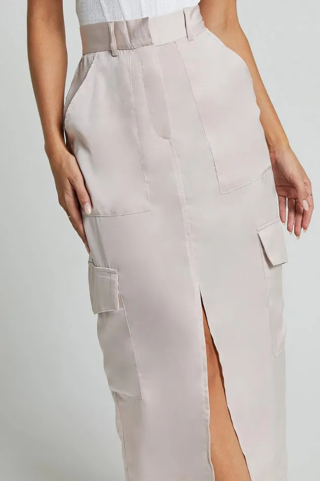 Mariya Midi Skirt 8211 High Waisted Front Split Cargo Skirt In Pearl Women Showpo Skirts