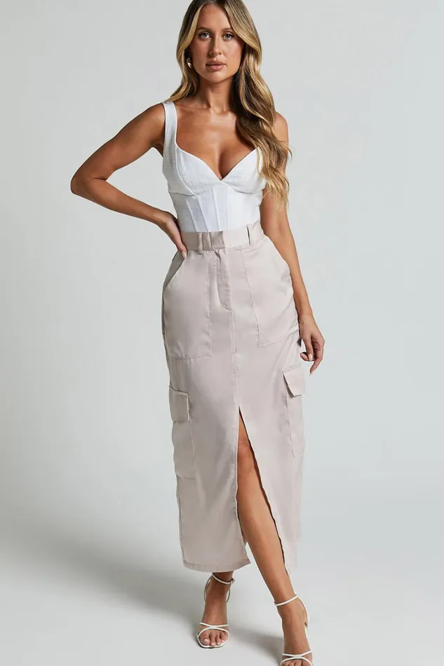 Mariya Midi Skirt 8211 High Waisted Front Split Cargo Skirt In Pearl Women Showpo Skirts
