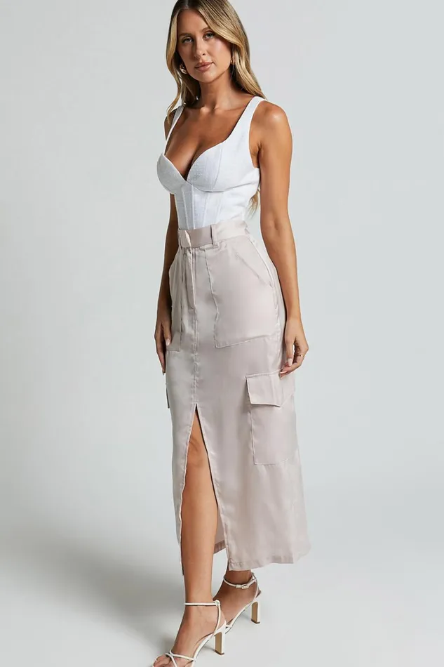 Mariya Midi Skirt 8211 High Waisted Front Split Cargo Skirt In Pearl Women Showpo Skirts