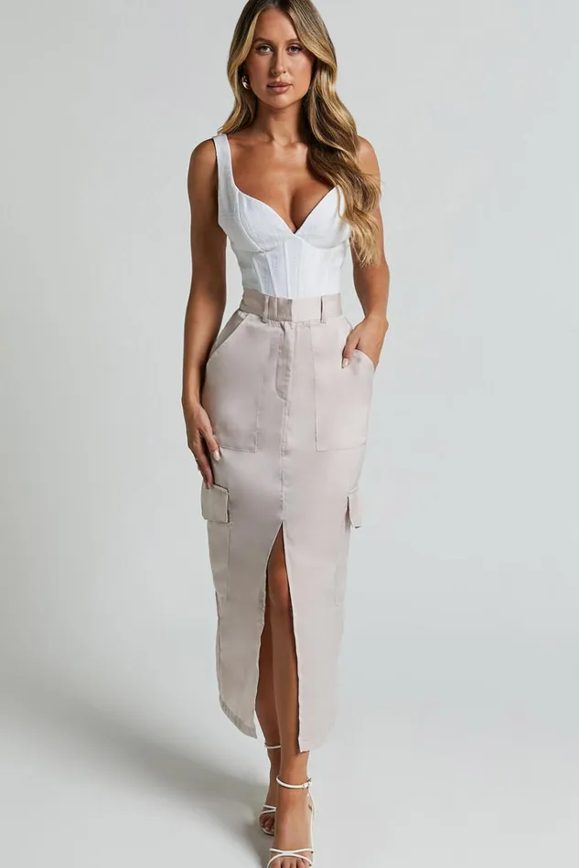 Mariya Midi Skirt 8211 High Waisted Front Split Cargo Skirt In Pearl Women Showpo Skirts