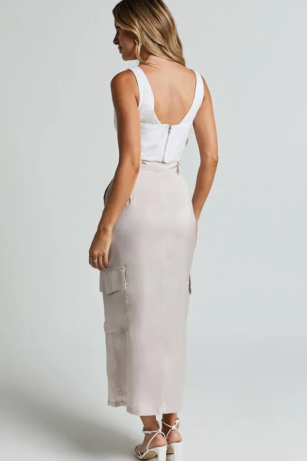 Mariya Midi Skirt 8211 High Waisted Front Split Cargo Skirt In Pearl Women Showpo Skirts