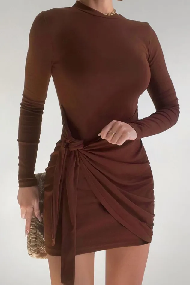Marleen Mini Dress 8211 Wrap Front Long Sleeve Bodycon Dress In Dark Oak Women Showpo Basics