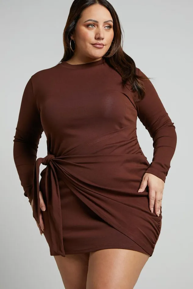 Marleen Mini Dress 8211 Wrap Front Long Sleeve Bodycon Dress In Dark Oak Women Showpo Basics