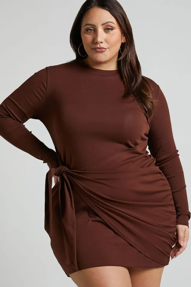 Marleen Mini Dress 8211 Wrap Front Long Sleeve Bodycon Dress In Dark Oak Women Showpo Basics