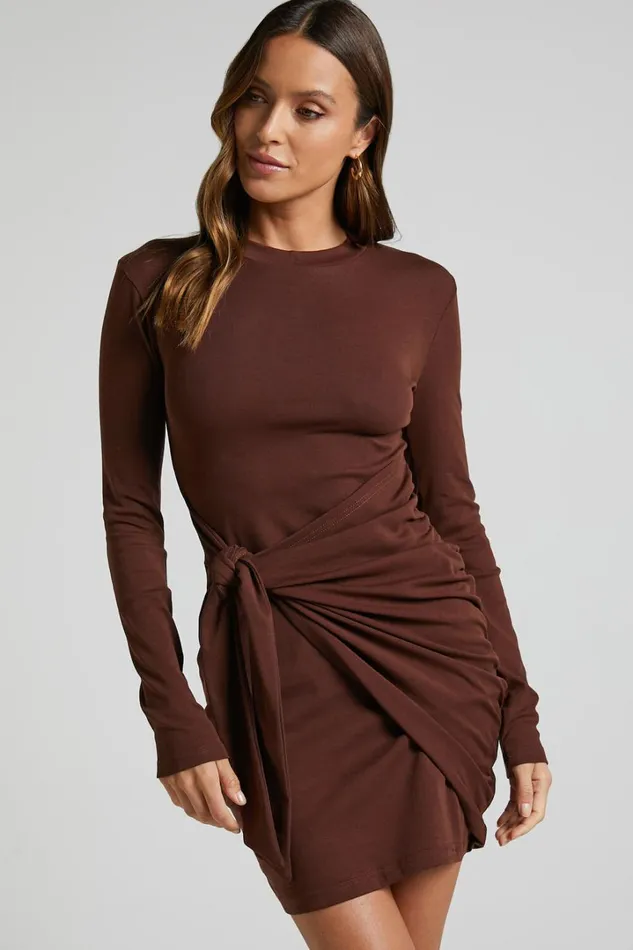 Marleen Mini Dress 8211 Wrap Front Long Sleeve Bodycon Dress In Dark Oak Women Showpo Basics