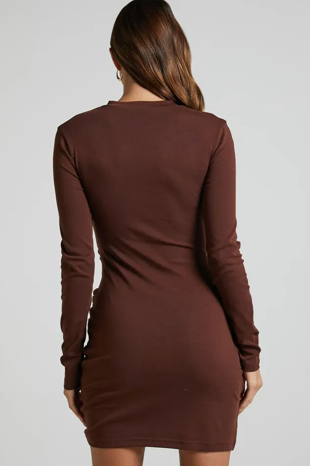 Marleen Mini Dress 8211 Wrap Front Long Sleeve Bodycon Dress In Dark Oak Women Showpo Basics