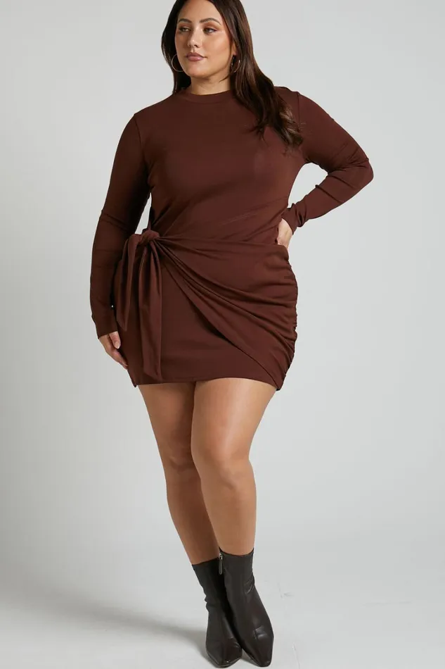 Marleen Mini Dress 8211 Wrap Front Long Sleeve Bodycon Dress In Dark Oak Women Showpo Basics