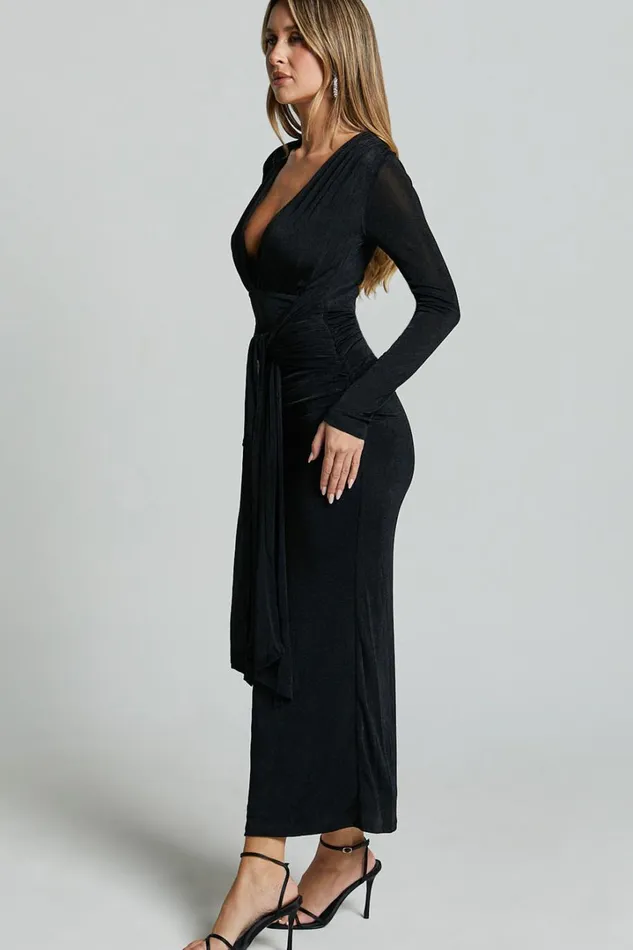 Melanie Midi Dress 8211 Plunge Long Sleeve Tie Front Dress In Black Women Showpo Curve Clothes