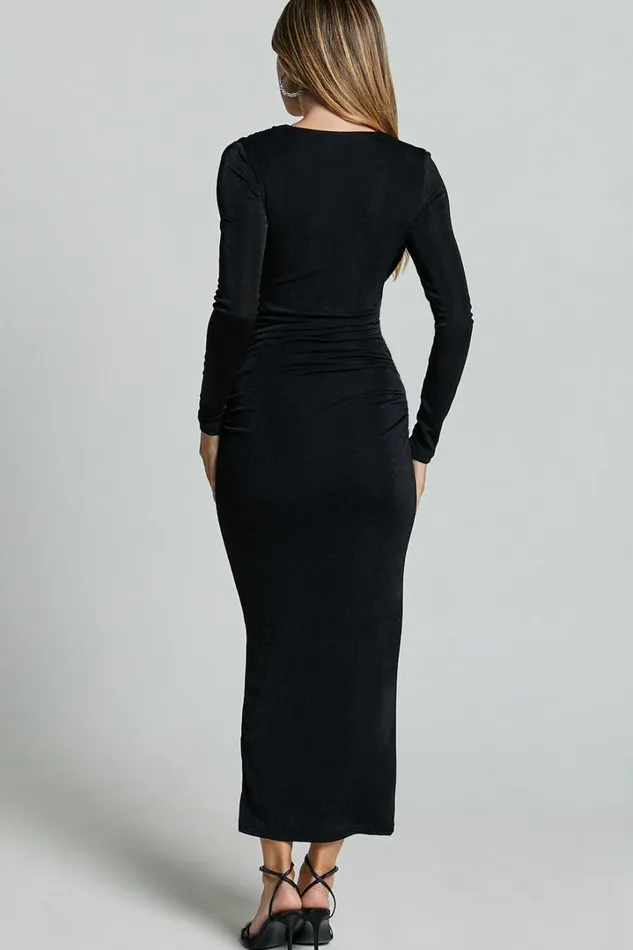 Melanie Midi Dress 8211 Plunge Long Sleeve Tie Front Dress In Black Women Showpo Curve Clothes