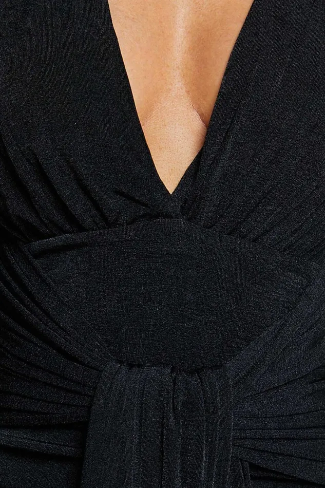 Melanie Midi Dress 8211 Plunge Long Sleeve Tie Front Dress In Black Women Showpo Curve Clothes