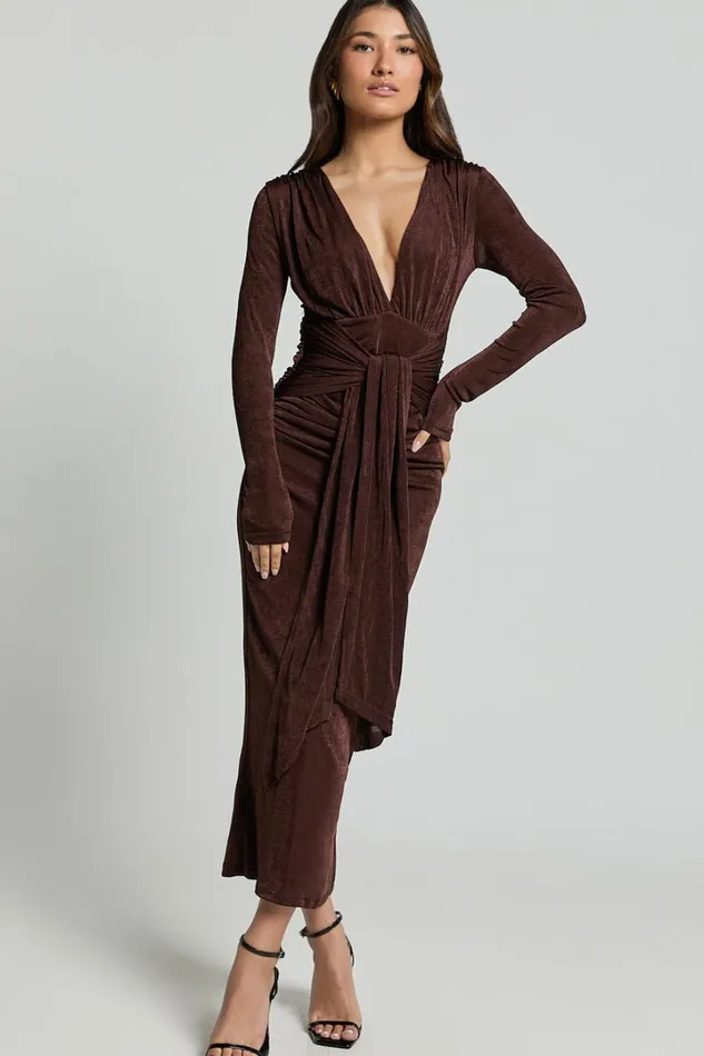 Melanie Midi Dress 8211 Plunge Long Sleeve Tie Front Dress In Chocolate Women Showpo Dresses Melanie Midi Dress 8211 Plunge Long Sleeve Tie Front Dress In Chocolate Women Showpo Dresses