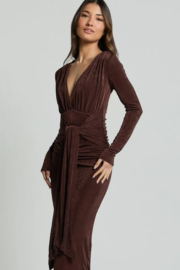 Melanie Midi Dress 8211 Plunge Long Sleeve Tie Front Dress In Chocolate Women Showpo Dresses
