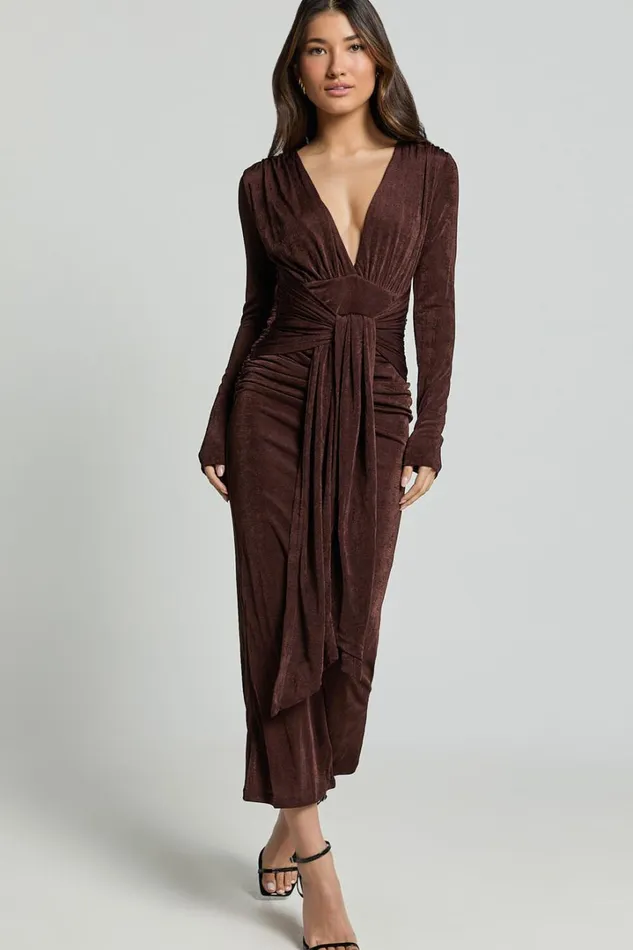 Melanie Midi Dress 8211 Plunge Long Sleeve Tie Front Dress In Chocolate Women Showpo Dresses