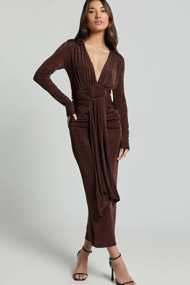 Melanie Midi Dress 8211 Plunge Long Sleeve Tie Front Dress In Chocolate Women Showpo Dresses