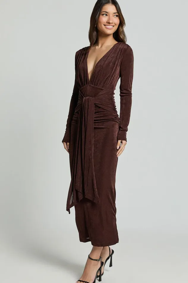Melanie Midi Dress 8211 Plunge Long Sleeve Tie Front Dress In Chocolate Women Showpo Dresses