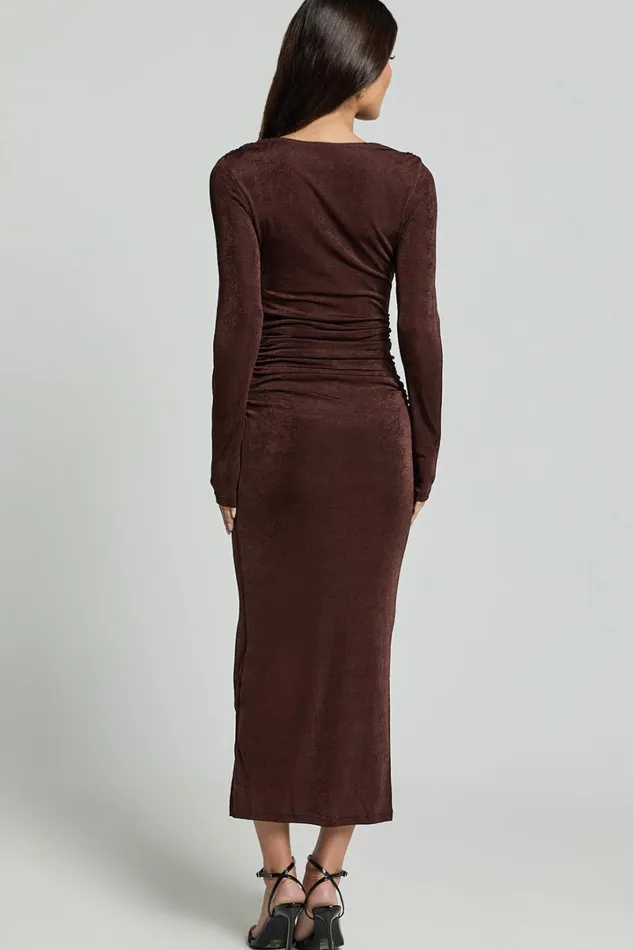 Melanie Midi Dress 8211 Plunge Long Sleeve Tie Front Dress In Chocolate Women Showpo Dresses