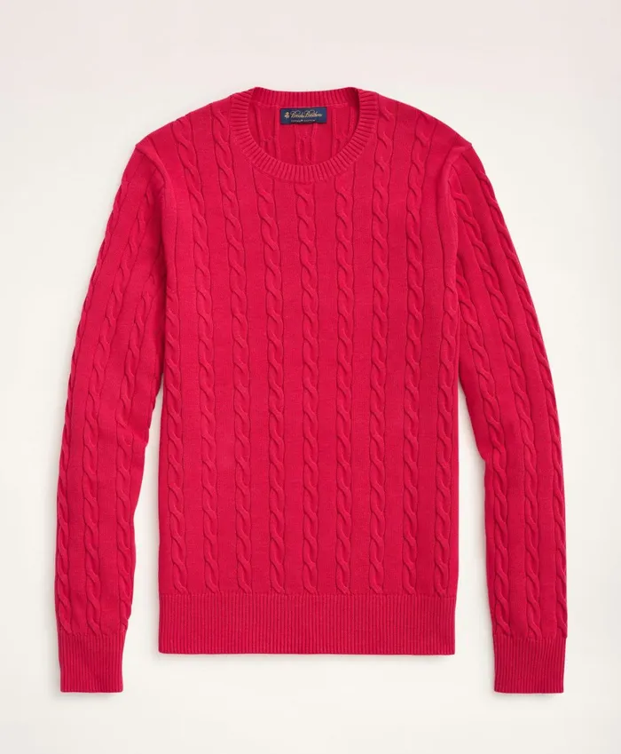 Men Big and Tall Supima Cotton Cable Crewneck Sweater Dark Pink Brooks Brothers Sweaters
