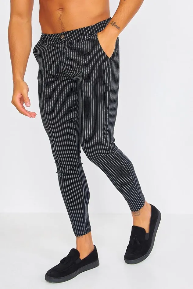 Men Black Chino Trousers With Black Stripes Black Brentiny Paris Pants