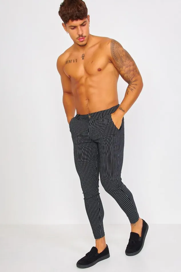 Men Black Chino Trousers With Black Stripes Black Brentiny Paris Pants