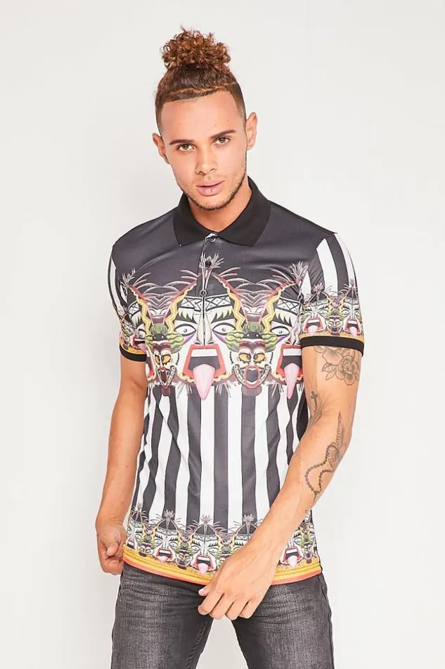 Men Black Polo Shirt With Vertical Stripes And Aztec Pattern Black Brentiny Paris Polo Shirts