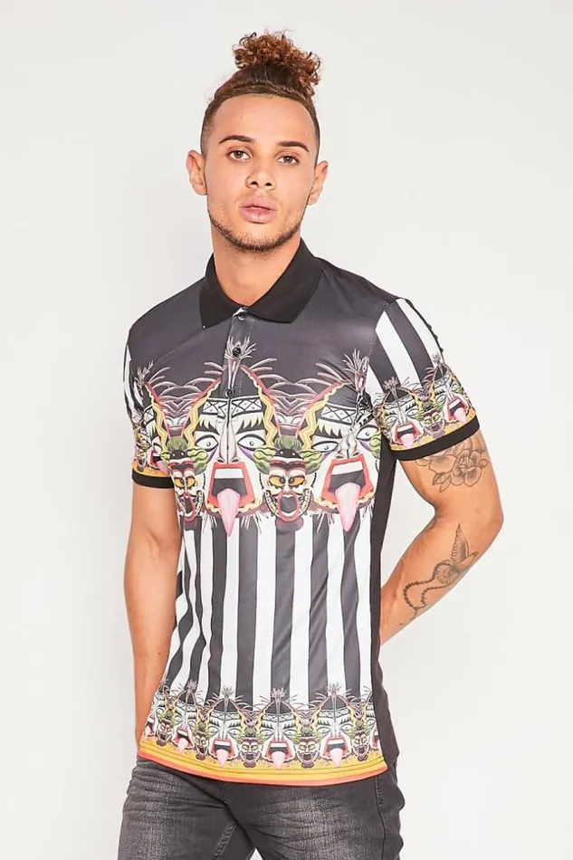 Men Black Polo Shirt With Vertical Stripes And Aztec Pattern Black Brentiny Paris Polo Shirts Men Black Polo Shirt With Vertical Stripes And Aztec Pattern Black Brentiny Paris Polo Shirts
