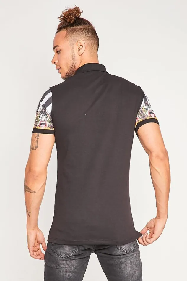 Men Black Polo Shirt With Vertical Stripes And Aztec Pattern Black Brentiny Paris Polo Shirts Men Black Polo Shirt With Vertical Stripes And Aztec Pattern Black Brentiny Paris Polo Shirts