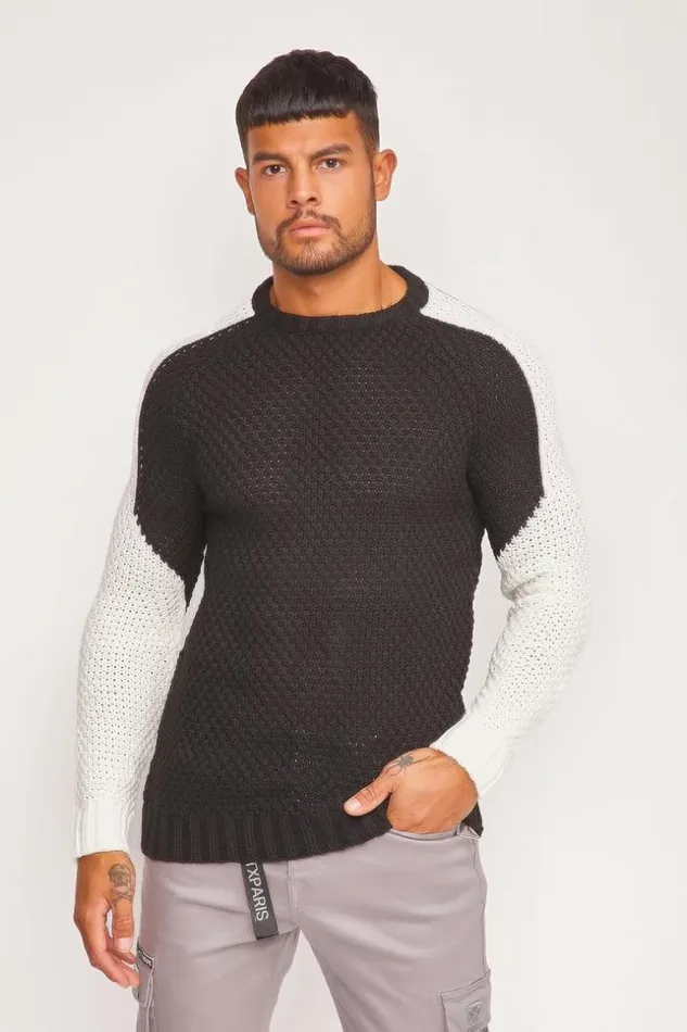 Men Black White TwoTone Knit Sweater Brentiny Paris Sweatshirts and Pullovers