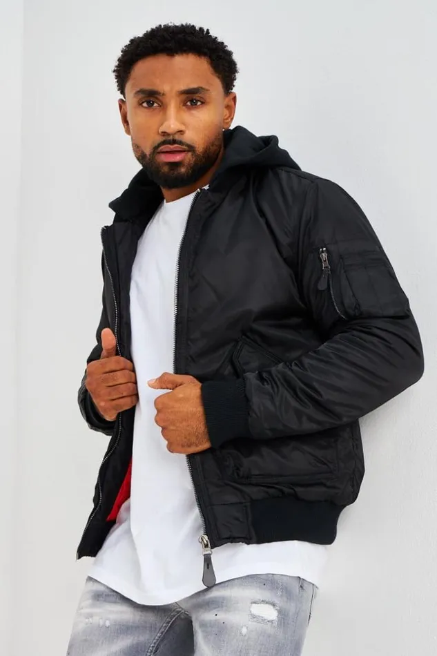 Men Bomber pais Noir Avec Capuche Noire En Coton Amovible Black Brentiny Paris Jackets