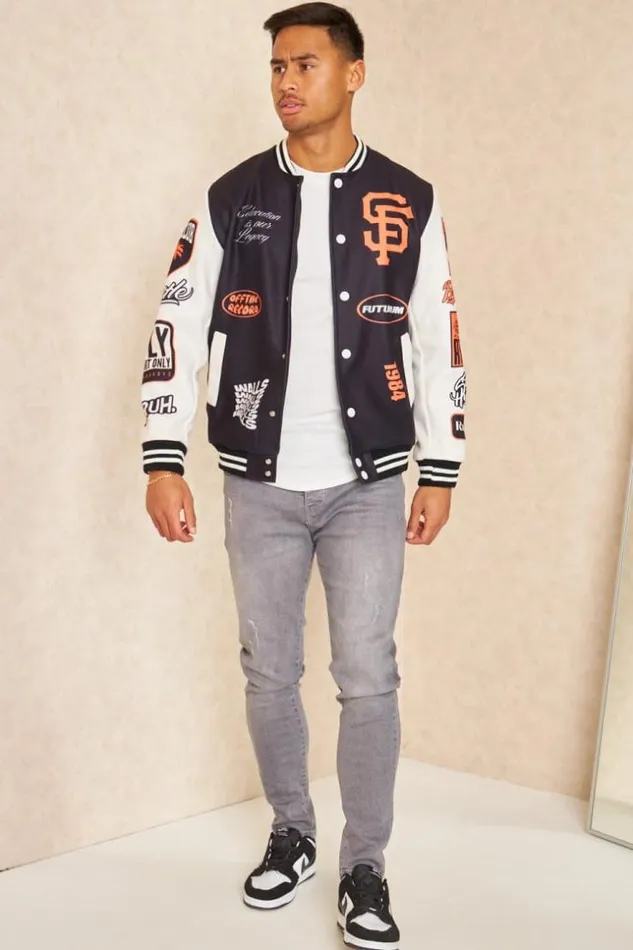 Men Bomber Universitaire Noir Et Blanc Logos Orange Black Brentiny Paris Jackets