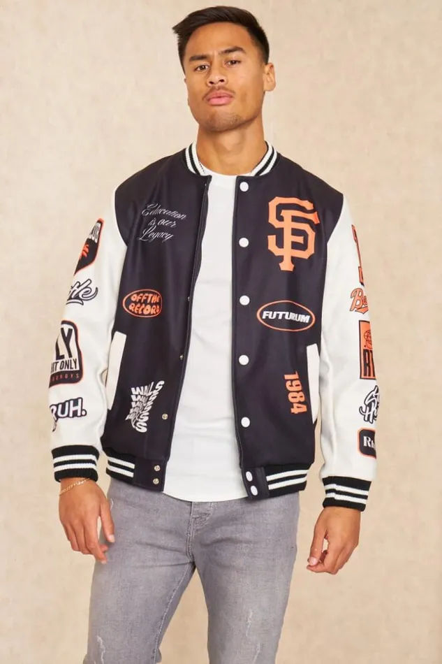 Men Bomber Universitaire Noir Et Blanc Logos Orange Black Brentiny Paris Jackets Men Bomber Universitaire Noir Et Blanc Logos Orange Black Brentiny Paris Jackets