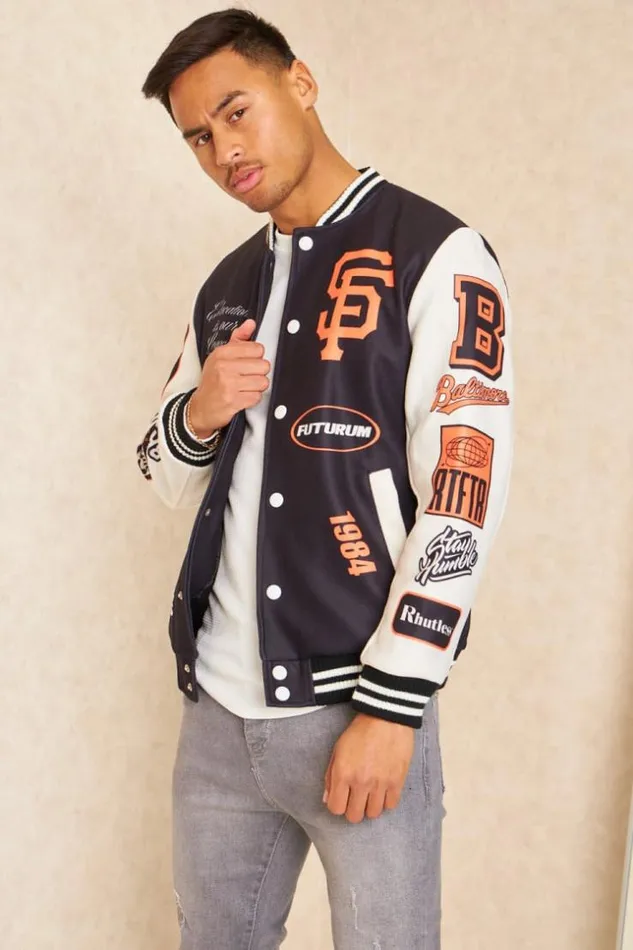 Men Bomber Universitaire Noir Et Blanc Logos Orange Black Brentiny Paris Jackets Men Bomber Universitaire Noir Et Blanc Logos Orange Black Brentiny Paris Jackets
