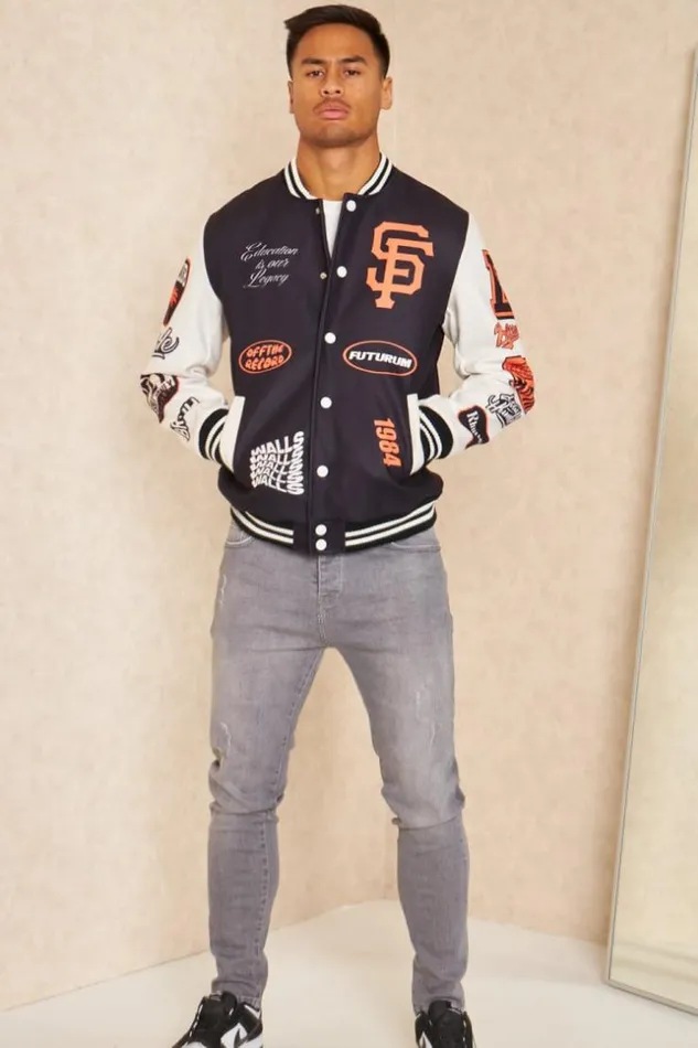 Men Bomber Universitaire Noir Et Blanc Logos Orange Black Brentiny Paris Jackets Men Bomber Universitaire Noir Et Blanc Logos Orange Black Brentiny Paris Jackets