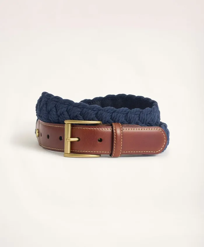Men Braided Cotton Leather Tab Belt Navy Brooks Brothers Belts