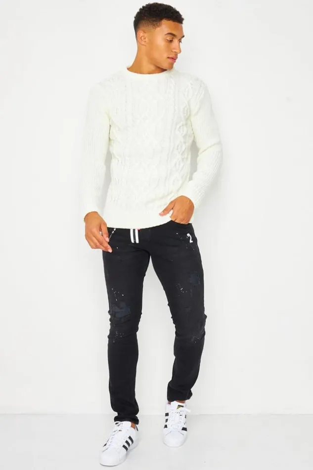 Men Cable Knit Crew Neck Jumper In Off White White Brentiny Paris Sweatshirts and Pullovers
